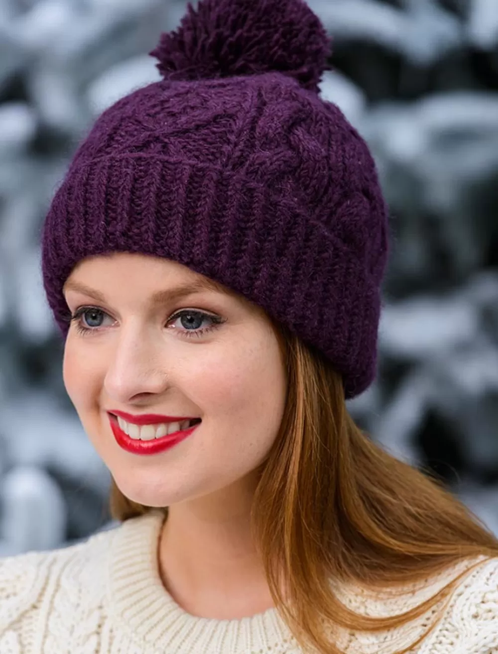 Cheap Aran Fleece Lined Rib Cap with Bobble Women Caps & Hats