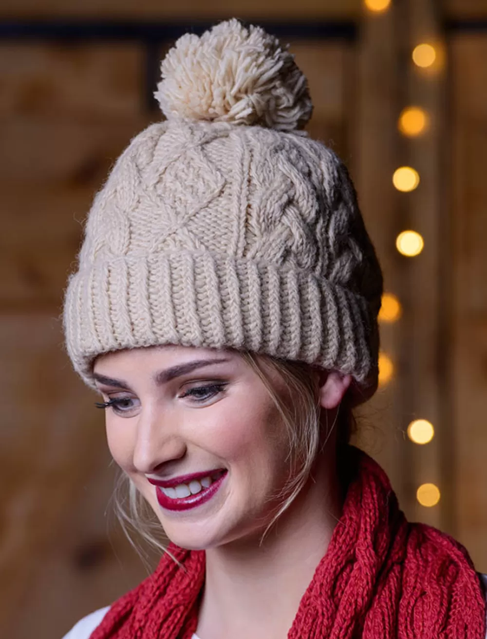 Cheap Aran Fleece Lined Rib Cap with Bobble Women Caps & Hats