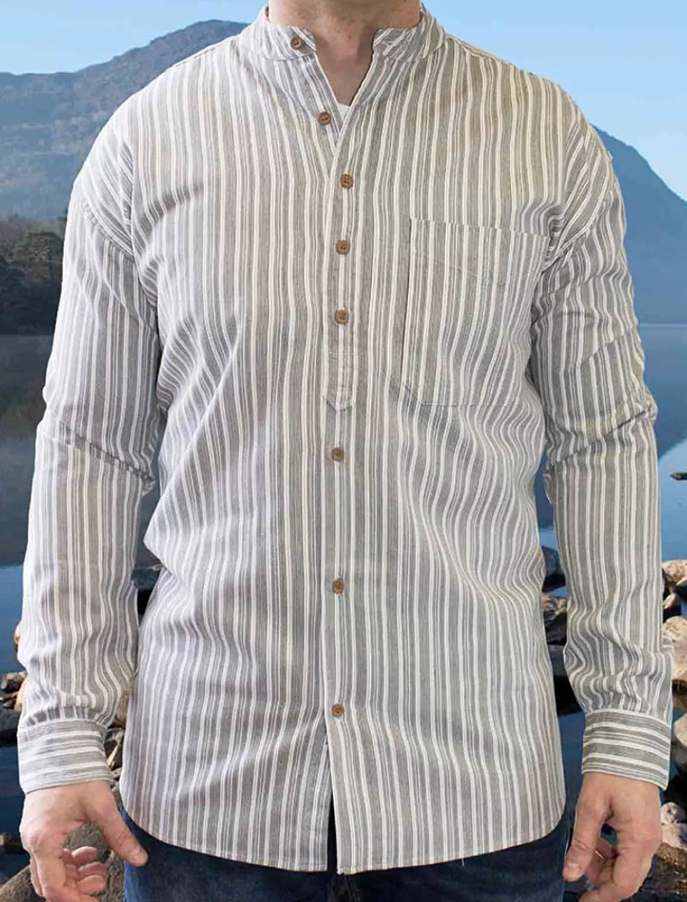 Best Heavyweight Grandfather Shirt - Grey Stripe | Aran Sweater Market Grandfather Shirts And Waistcoats