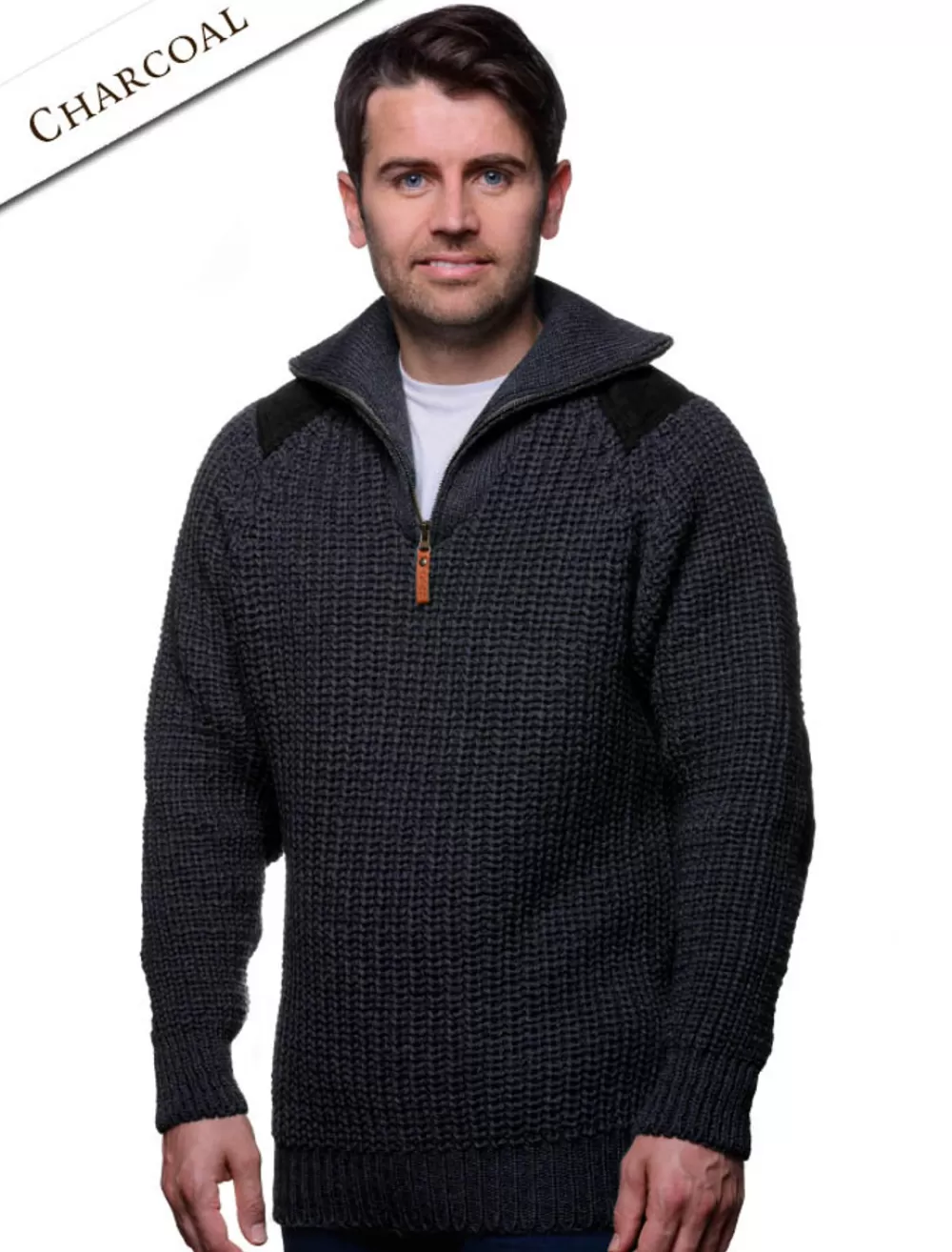 Cheap Mens half zip sweater with patches, Irish wool sweater | Sweaters