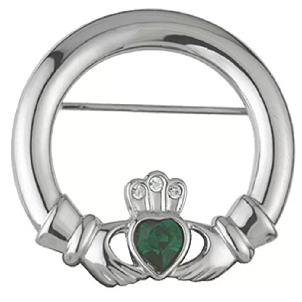 New Rhodium Plated Claddagh Brooch with Crystal Women Jewelry