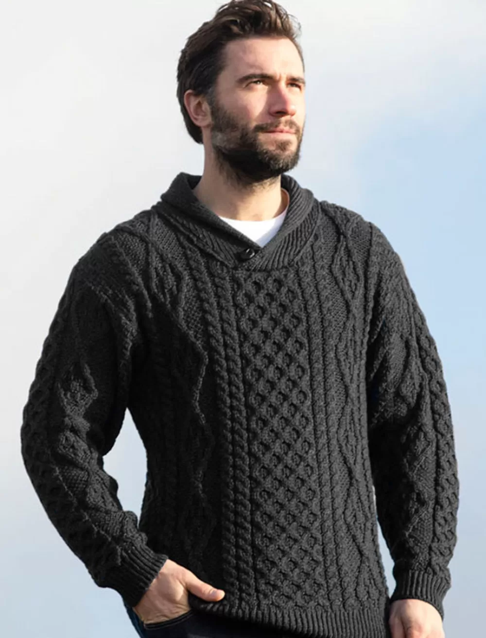 Best Sale Shawl neck fisherman sweater, cable knit, mens | Sweaters